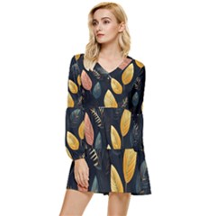 Gold Yellow Leaves Fauna Dark Background Dark Black Background Black Nature Forest Texture Wall Wall Tiered Long Sleeve Mini Dress