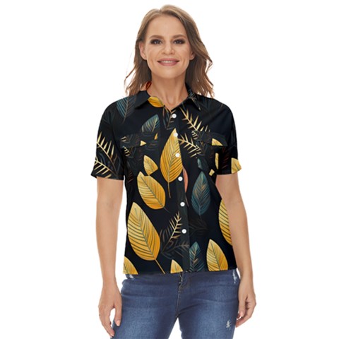 Gold Yellow Leaves Fauna Dark Background Dark Black Background Black Nature Forest Texture Wall Wall Women s Short Sleeve Double Pocket Shirt by Bedest