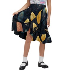 Gold Yellow Leaves Fauna Dark Background Dark Black Background Black Nature Forest Texture Wall Wall Kids  Ruffle Flared Wrap Midi Skirt by Bedest