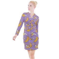 Pattern Bananas Fruit Tropical Seamless Texture Graphics Button Long Sleeve Dress