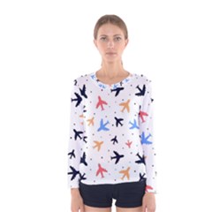Airplane Pattern Plane Aircraft Fabric Style Simple Seamless Women s Long Sleeve T-shirt