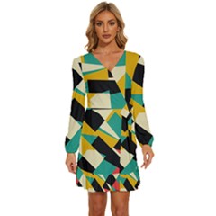 Geometric Pattern Retro Colorful Abstract Long Sleeve Waist Tie Ruffle Velvet Dress by Bedest