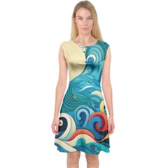 Waves Ocean Sea Abstract Whimsical Abstract Art Pattern Abstract Pattern Water Nature Moon Full Moon Capsleeve Midi Dress