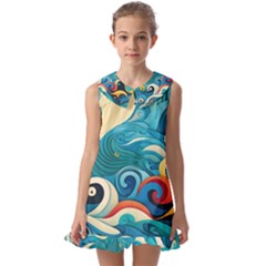 Waves Ocean Sea Abstract Whimsical Abstract Art Pattern Abstract Pattern Water Nature Moon Full Moon Kids  Pilgrim Collar Ruffle Hem Dress