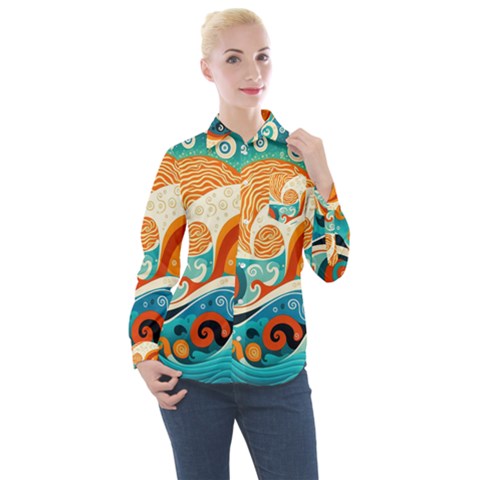 Waves Ocean Sea Abstract Whimsical Abstract Art Pattern Abstract Pattern Nature Water Seascape Women s Long Sleeve Pocket Shirt by Bedest