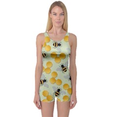 Bees Pattern Honey Bee Bug Honeycomb Honey Beehive One Piece Boyleg Swimsuit