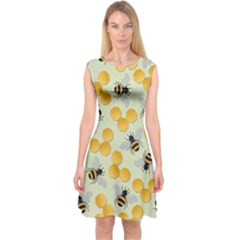 Bees Pattern Honey Bee Bug Honeycomb Honey Beehive Capsleeve Midi Dress