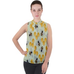 Bees Pattern Honey Bee Bug Honeycomb Honey Beehive Mock Neck Chiffon Sleeveless Top