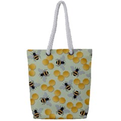 Bees Pattern Honey Bee Bug Honeycomb Honey Beehive Full Print Rope Handle Tote (Small)