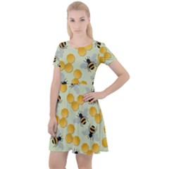 Bees Pattern Honey Bee Bug Honeycomb Honey Beehive Cap Sleeve Velour Dress 