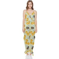 Bees Pattern Honey Bee Bug Honeycomb Honey Beehive Sleeveless Tie Ankle Chiffon Jumpsuit