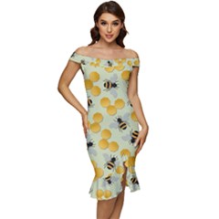 Bees Pattern Honey Bee Bug Honeycomb Honey Beehive Off Shoulder Ruffle Split Hem Bodycon Dress