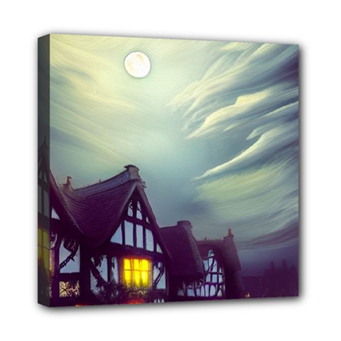 Village Moon Cloudy Historical Tudor Architecture Houses Town Night Windows City Mini Canvas 8  X 8  (stretched)