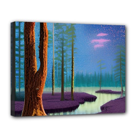 Artwork Outdoors Night Trees Setting Scene Forest Woods Light Moonlight Nature Canvas 14  X 11  (stretched)