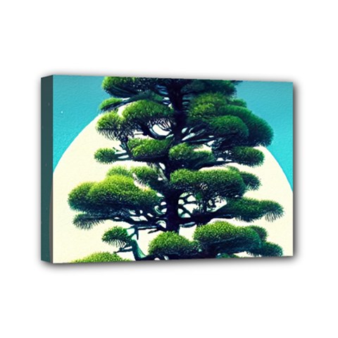 Pine Moon Tree Landscape Nature Scene Stars Setting Night Midnight Full Moon Mini Canvas 7  X 5  (stretched) by Posterlux