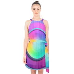 Circle Colorful Rainbow Spectrum Button Gradient Psychedelic Art Halter Collar Waist Tie Chiffon Dress