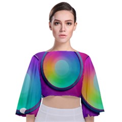 Circle Colorful Rainbow Spectrum Button Gradient Psychedelic Art Tie Back Butterfly Sleeve Chiffon Top by Maspions