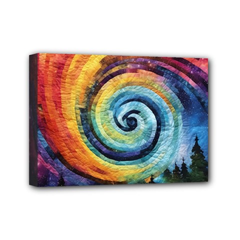Cosmic Rainbow Quilt Artistic Swirl Spiral Forest Silhouette Fantasy Mini Canvas 7  X 5  (stretched)