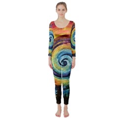 Cosmic Rainbow Quilt Artistic Swirl Spiral Forest Silhouette Fantasy Long Sleeve Catsuit