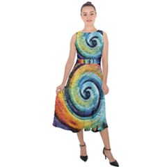 Cosmic Rainbow Quilt Artistic Swirl Spiral Forest Silhouette Fantasy Midi Tie-back Chiffon Dress