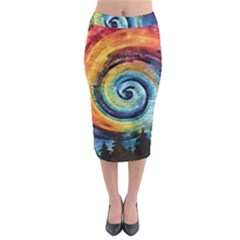 Cosmic Rainbow Quilt Artistic Swirl Spiral Forest Silhouette Fantasy Midi Pencil Skirt