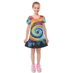 Cosmic Rainbow Quilt Artistic Swirl Spiral Forest Silhouette Fantasy Kids  Short Sleeve Velvet Dress