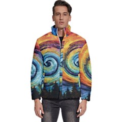 Cosmic Rainbow Quilt Artistic Swirl Spiral Forest Silhouette Fantasy Men s Puffer Bubble Jacket Coat