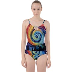 Cosmic Rainbow Quilt Artistic Swirl Spiral Forest Silhouette Fantasy Cut Out Top Tankini Set
