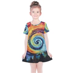 Cosmic Rainbow Quilt Artistic Swirl Spiral Forest Silhouette Fantasy Kids  Simple Cotton Dress