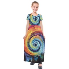 Cosmic Rainbow Quilt Artistic Swirl Spiral Forest Silhouette Fantasy Kids  Short Sleeve Maxi Dress