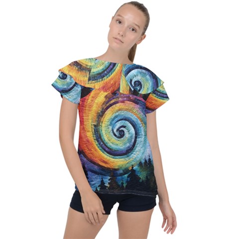 Cosmic Rainbow Quilt Artistic Swirl Spiral Forest Silhouette Fantasy Ruffle Collar Chiffon Blouse by Maspions
