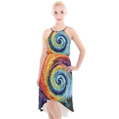 Cosmic Rainbow Quilt Artistic Swirl Spiral Forest Silhouette Fantasy High-low Halter Chiffon Dress  by Maspions