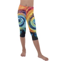 Cosmic Rainbow Quilt Artistic Swirl Spiral Forest Silhouette Fantasy Kids  Lightweight Velour Capri Leggings 