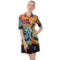 Cosmic Rainbow Quilt Artistic Swirl Spiral Forest Silhouette Fantasy Belted Shirt Dress