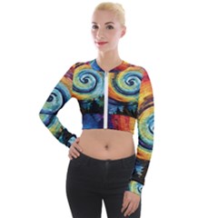 Cosmic Rainbow Quilt Artistic Swirl Spiral Forest Silhouette Fantasy Long Sleeve Cropped Velvet Jacket by Maspions