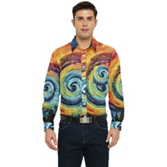 Cosmic Rainbow Quilt Artistic Swirl Spiral Forest Silhouette Fantasy Men s Long Sleeve Pocket Shirt 