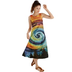 Cosmic Rainbow Quilt Artistic Swirl Spiral Forest Silhouette Fantasy Summer Maxi Dress