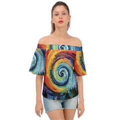 Cosmic Rainbow Quilt Artistic Swirl Spiral Forest Silhouette Fantasy Off Shoulder Short Sleeve Top