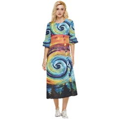 Cosmic Rainbow Quilt Artistic Swirl Spiral Forest Silhouette Fantasy Double Cuff Midi Dress