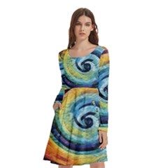 Cosmic Rainbow Quilt Artistic Swirl Spiral Forest Silhouette Fantasy Long Sleeve Knee Length Skater Dress With Pockets