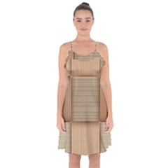 Wooden Wickerwork Texture Square Pattern Ruffle Detail Chiffon Dress