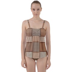 Wooden Wickerwork Texture Square Pattern Twist Front Tankini Set