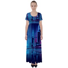 Digital Art Artwork Illustration Vector Buiding City High Waist Short Sleeve Maxi Dress by Maspions