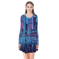 Digital Art Artwork Illustration Vector Buiding City Long Sleeve V-neck Flare Dress