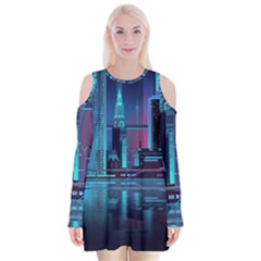 Digital Art Artwork Illustration Vector Buiding City Velvet Long Sleeve Shoulder Cutout Dress