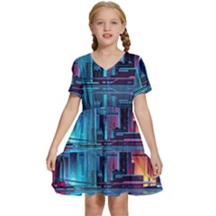 Digital Art Artwork Illustration Vector Buiding City Kids  Short Sleeve Tiered Mini Dress