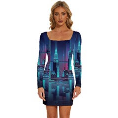 Digital Art Artwork Illustration Vector Buiding City Long Sleeve Square Neck Bodycon Velvet Dress