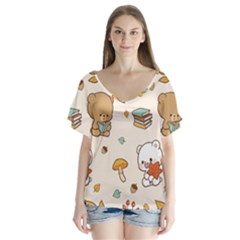 Bear Cartoon Background Pattern Seamless Animal V-neck Flutter Sleeve Top by Maspions