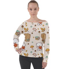 Bear Cartoon Background Pattern Seamless Animal Off Shoulder Long Sleeve Velour Top by Maspions