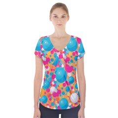 Circles Art Seamless Repeat Bright Colors Colorful Short Sleeve Front Detail Top